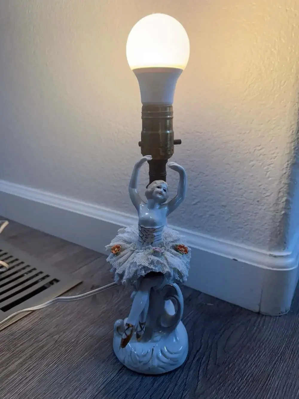 Vintage Dresden Style Porcelain Ballerina Figurine Table Lamp with Lace Tutu